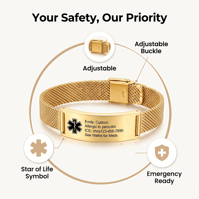 Custom Stainless Steel Body Alert Bracelet, Personalized Safety Gift