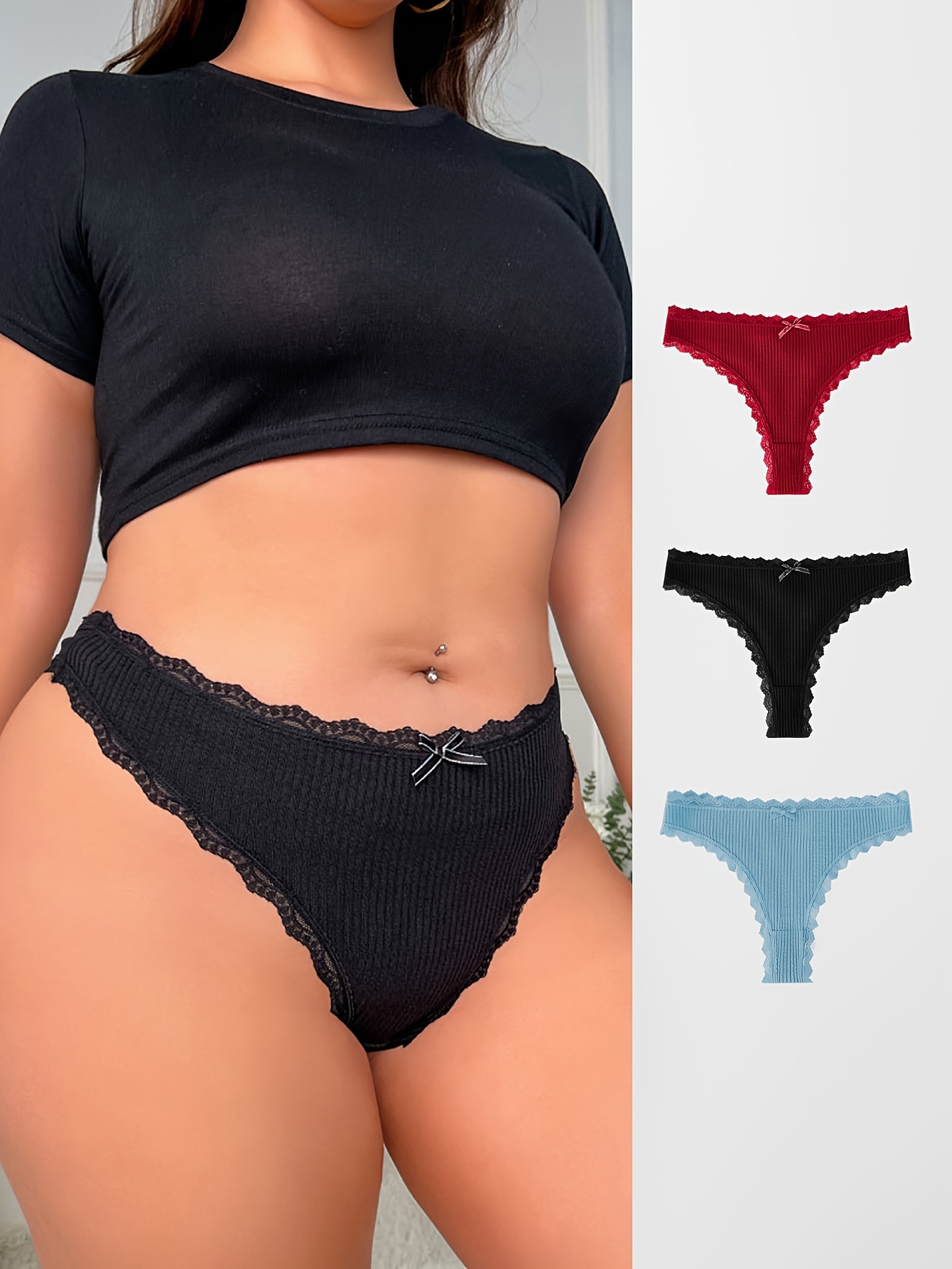 3 pezzi di mutandine sexy per donne, taglie forti, con fiocco a contrasto,  bordo in pizzo a coste, senza slip visibili