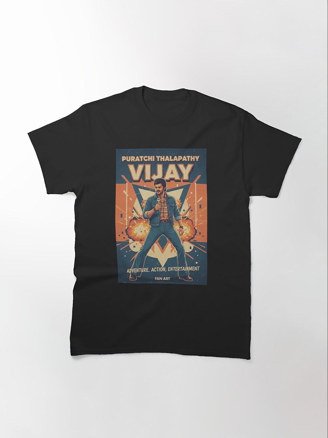 classic t shirt with retro vijay thalapathy vintage 80s masala film fan art poster | crew neck, slight stretch fabric, regular fit, geometric pattern, casual style, all season, sold by gurjeetpixelart