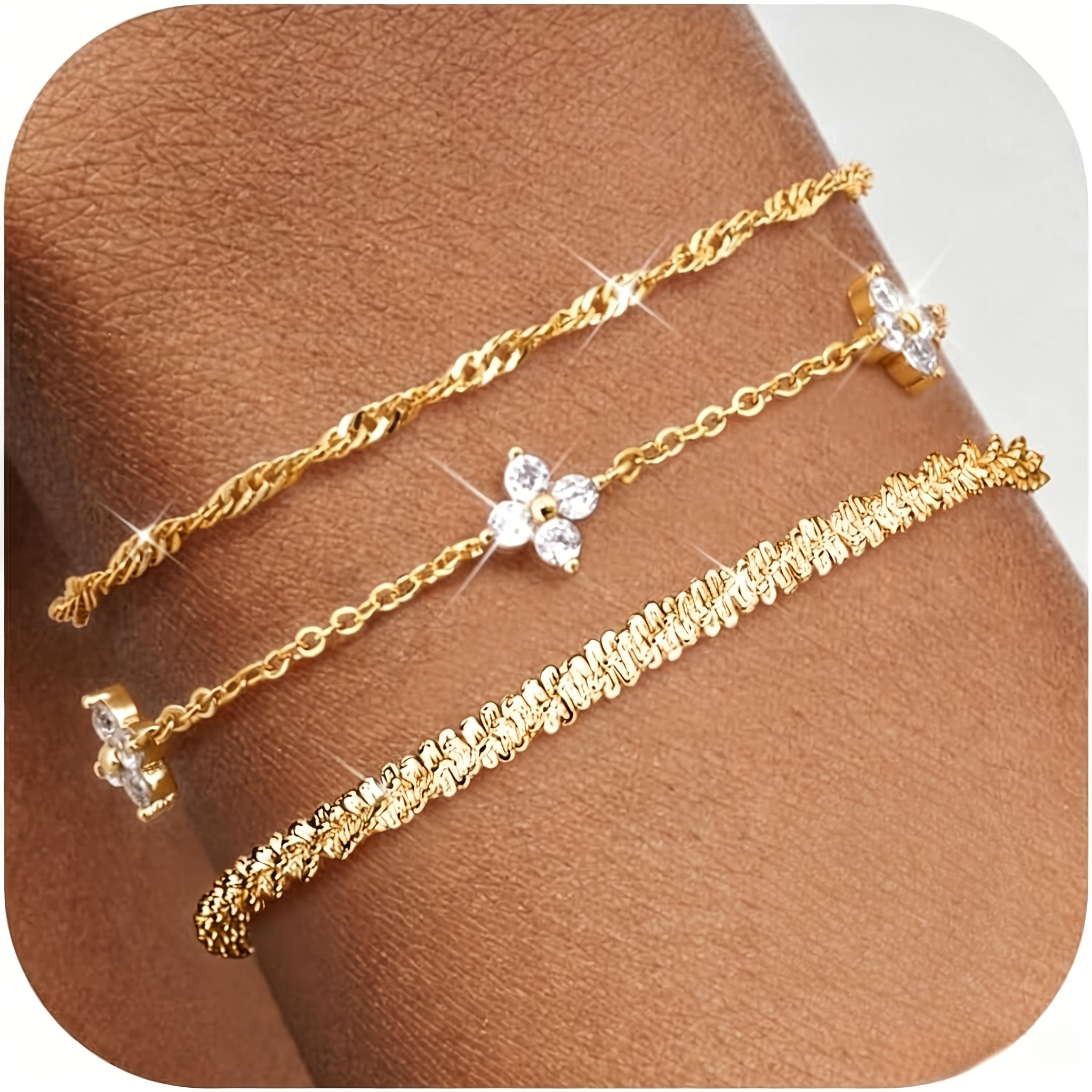 Image of 3pcs Women's Bracelets, 925 Sterling Silver Lobster Clasp, 18k Gold Plated Bracelets, Women's With Cubic Synthetic Zirconia, Adjustable Bracelet, Jewellery For Women