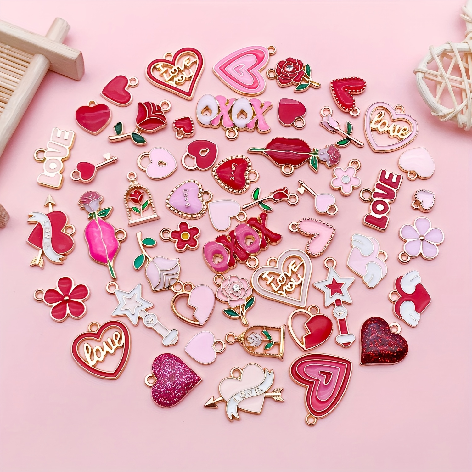 

10pcs Village Alloy Love Heart Pendants Set, Pink Floral & Star Designs, For Making, Necklace, Earrings, Bracelet Craft Accessories