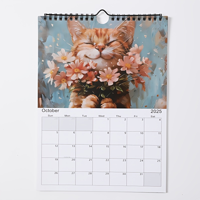 

1pc 2025 Cat Photo Flip Wall Calendar, Monthly View, English Language, Laminated, With Stickers, For Cat Lovers, Essential, Cat Art