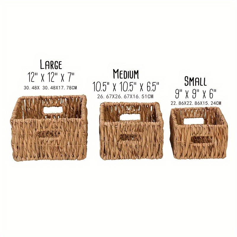 

Set Of 3 Square Nesting Wicker Baskets With Handles, Hyacinth Wicker Basket For Shelf Water Hyacinth Wicker Storage Basket Square Natural Rattan Basket