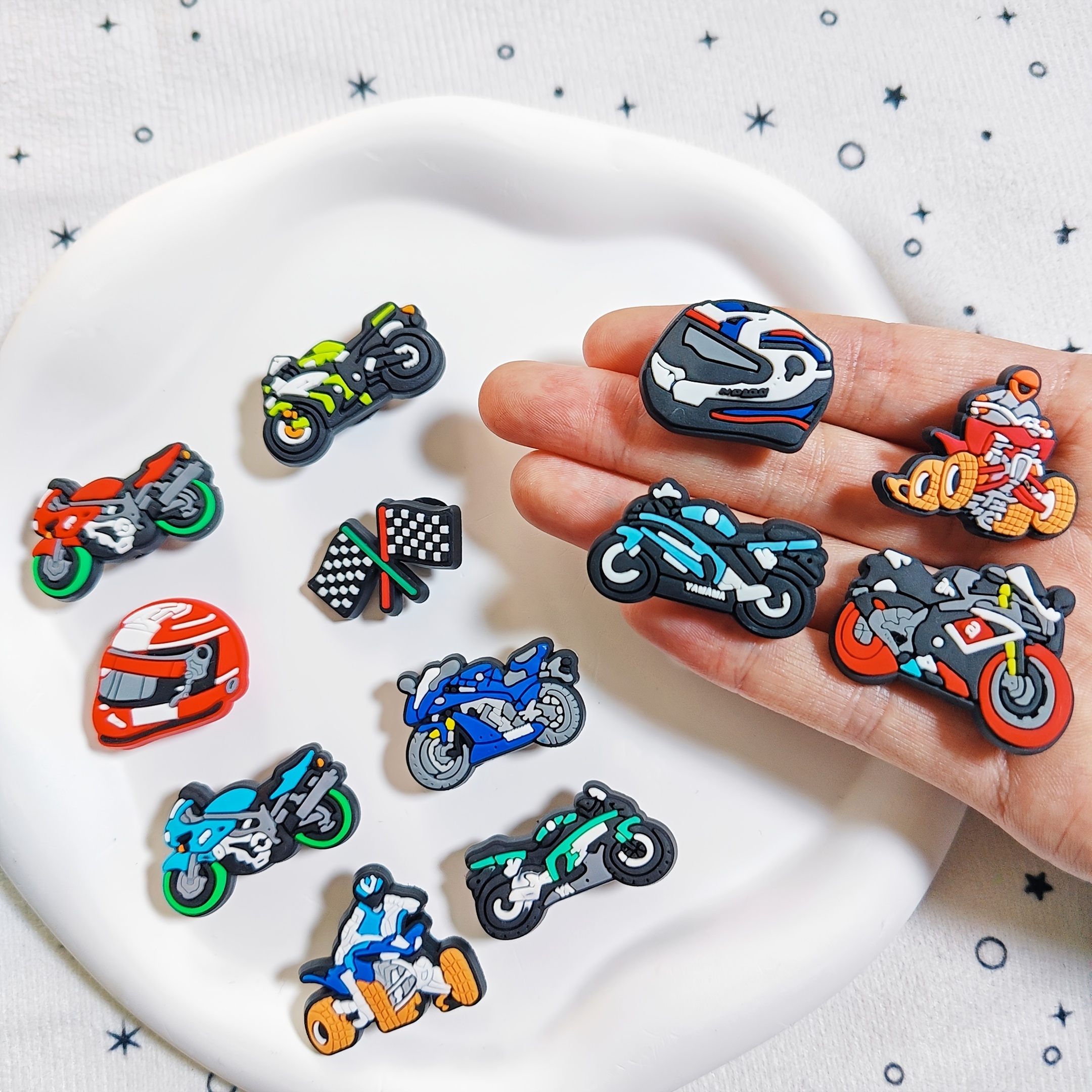 TEMU 12pcs Series Shoe Decor Additions, Multi-type Cool Motorcycles, Helmets, Cute Cartoon Design Removable Shoe Additions, Suitable For Shoes, Beach