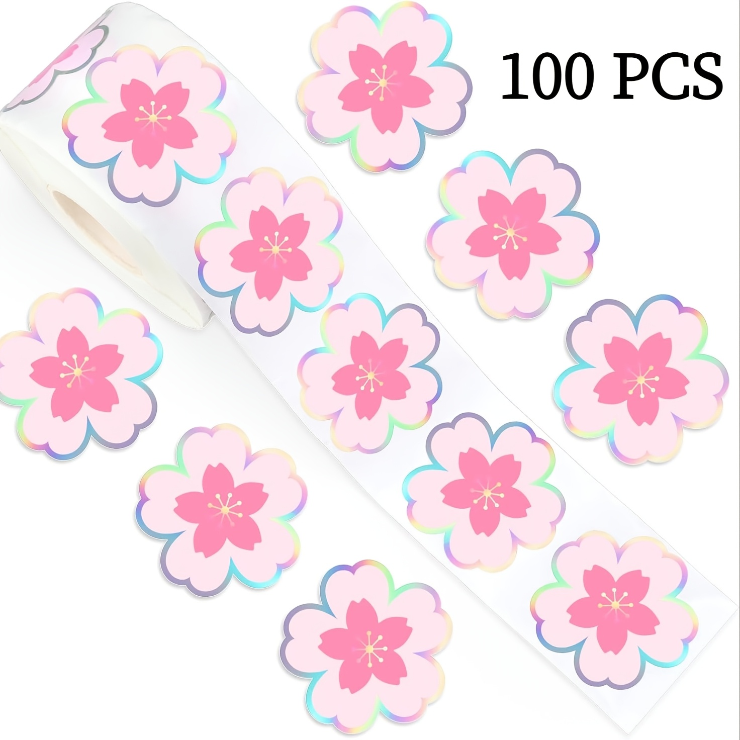 TEMU Un rotolo di 100 adesivi olografici con fiori di ciliegio in un design rosa laser, per decorare sacchetti regalo, album di , diari e buste per