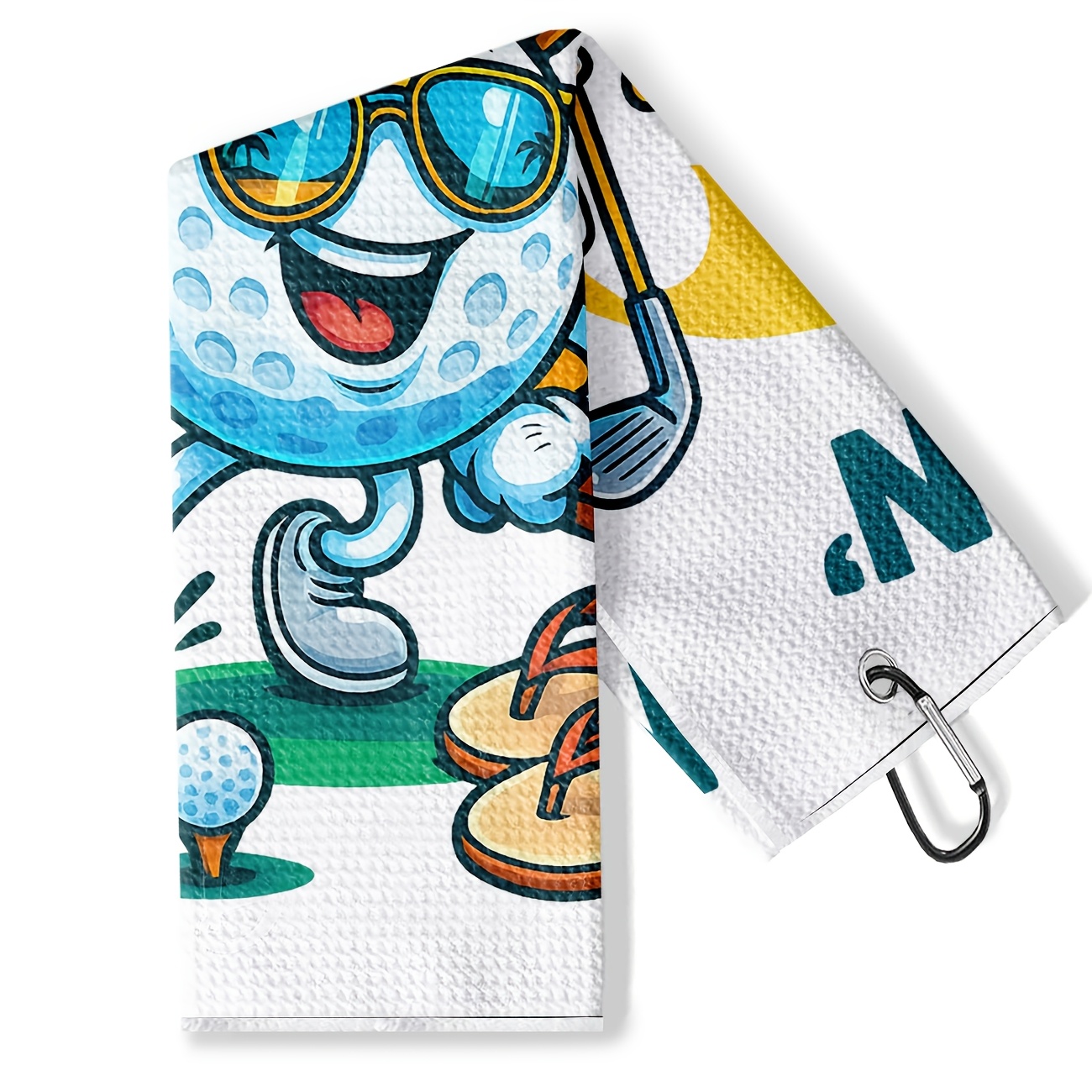 TEMU 1pc Golf Towel, Cartoon Golf Ball Wearing Sunglasses Holding Club Pattern, "n" Letter, Golf Course, Fitness And Sports, Hand Towel And Sweat