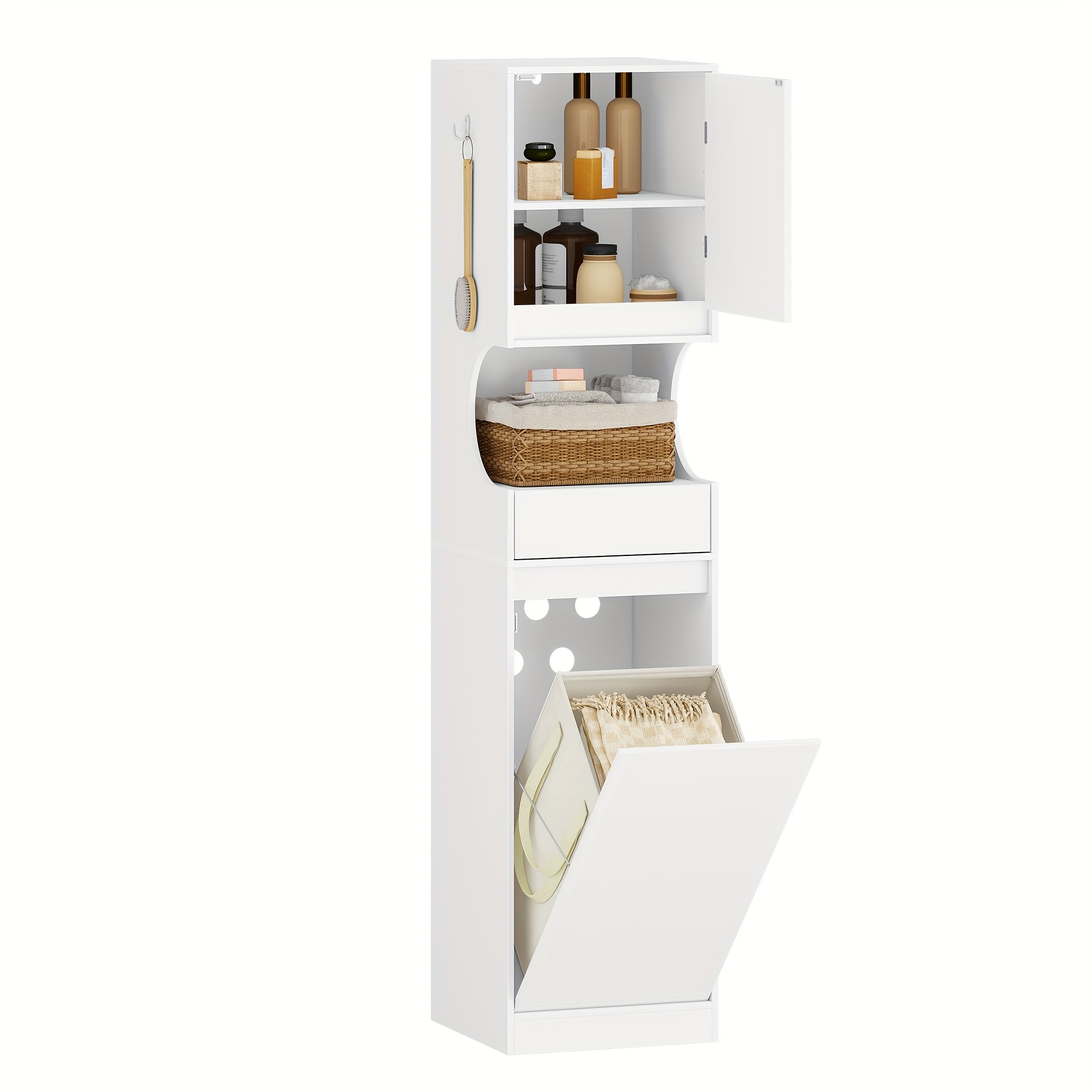 White Bathroom Storage Unit Featuring A Laundry Basket, Tall Design, Foldable Laundry Bag, Door And Drawer, And An Adjustable Shelf, Measuring 40 X 40 X 174 Cm