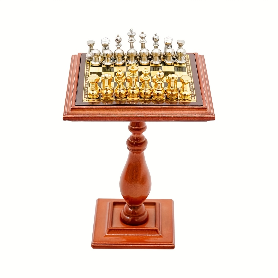 

1pc Deluxe Miniature Chess Set With Stand, 1:12 Scale Dollhouse Chess Table And Figures, Mixed Color Wooden Game Accessory For Pretend Play