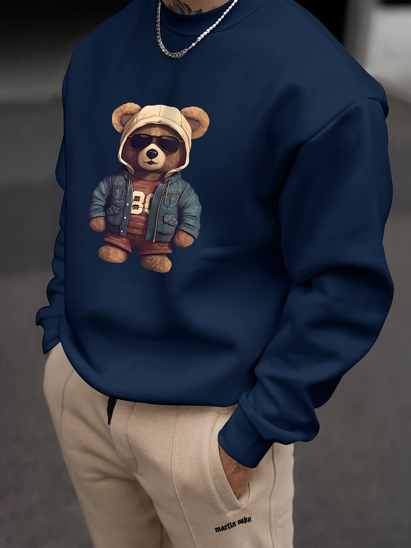 S Casual Polyester Sweatshirt with Creative Teddy Bear Print Crew Neck Loose Fit Stretch Knit Fabric Long Sleeve Pullover