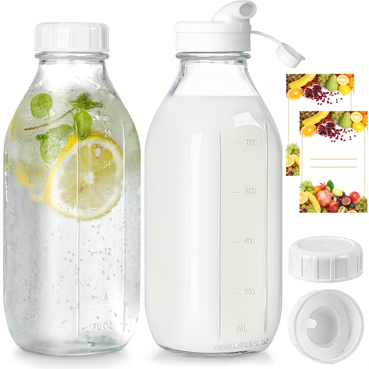E-shop 32-Unzen Glasbehälter-Set (inklusive 2 Gläser + 2 Deckel + 1 Ausgießer + Aufkleber) – Mit versiegelter Schraubverschluss-Design, ideal zur