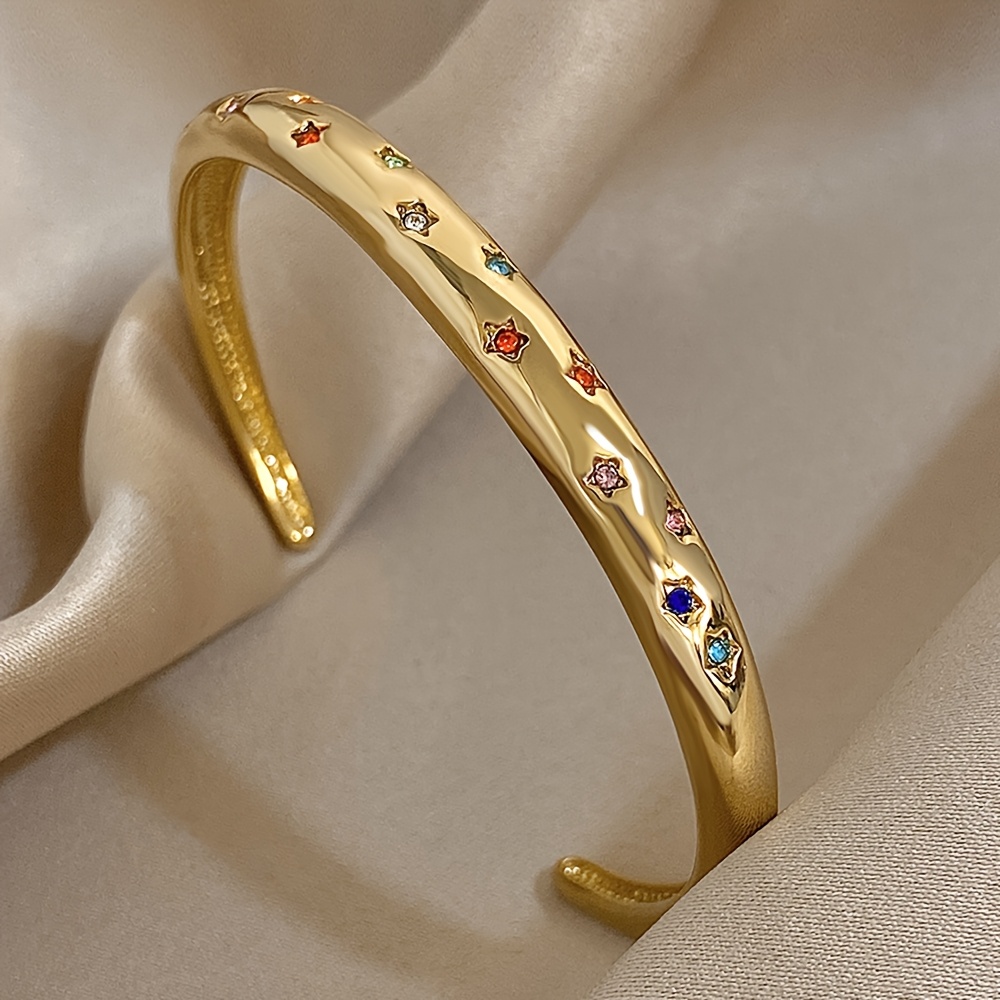 E-shop 1 Stück Edelstahl Armband mit Sternbesatz und farbigen synthetischen Zirkonia – Retro Minimalistisches Mehrfarbiges Strass-Armband für Damen,