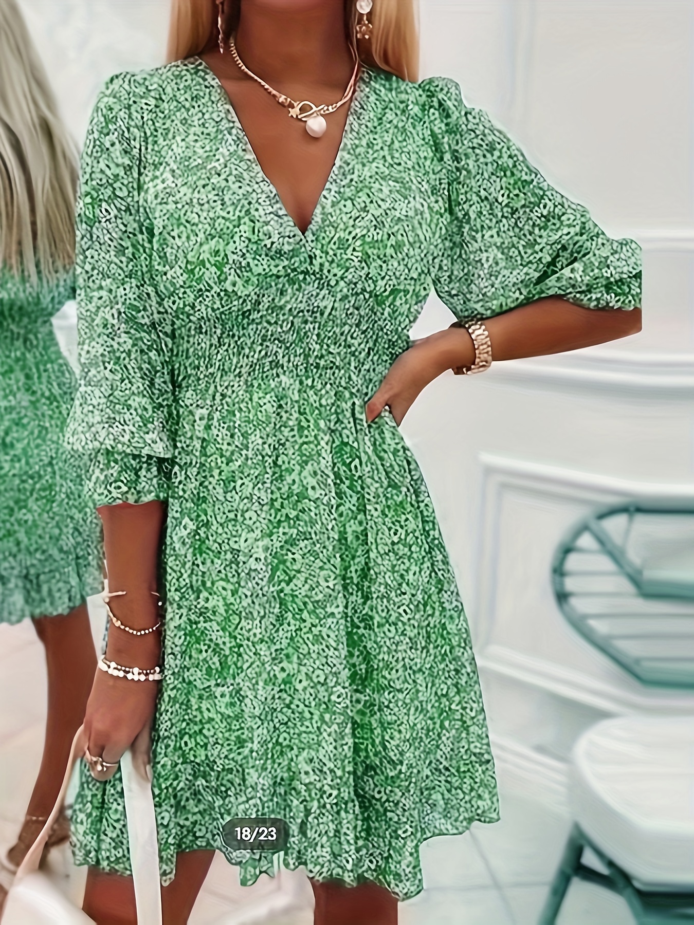 shirred waist v neck dress floral print elegant 3 4 sleeve dress for   womens clothing details 5