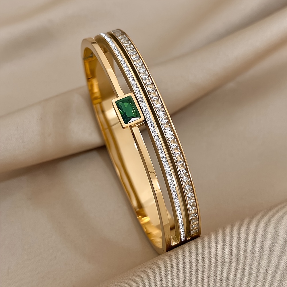 Image of Elegant Stainless Steel Double Row Green Synthetic Zirconia Bracelet - Perfect Gift For Her, Wear