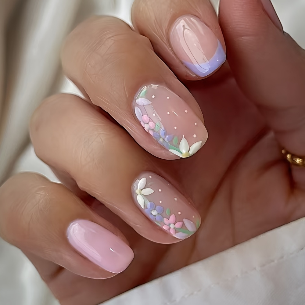 E-shop Neue Frühjahr/-Nagelkunst, , Frisch Niedlich Mittelstil Quadratische Kunstnägel, Bunte Kleine Blumen French-Nagelkunst, 24 Einfache Kunstnägel