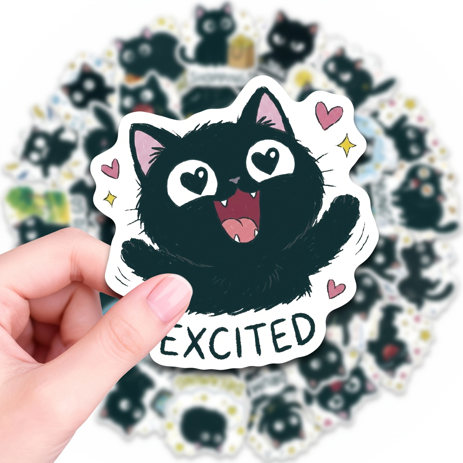 50pcs Black Cat Happy Life Stickers, Emotional Support Stickers, Removable, No Repeated Patterns. Ideal For Laptop, Water Bottle, Phone, Journal, , Bumper, Skateboard, Motorcycle, Luggage.