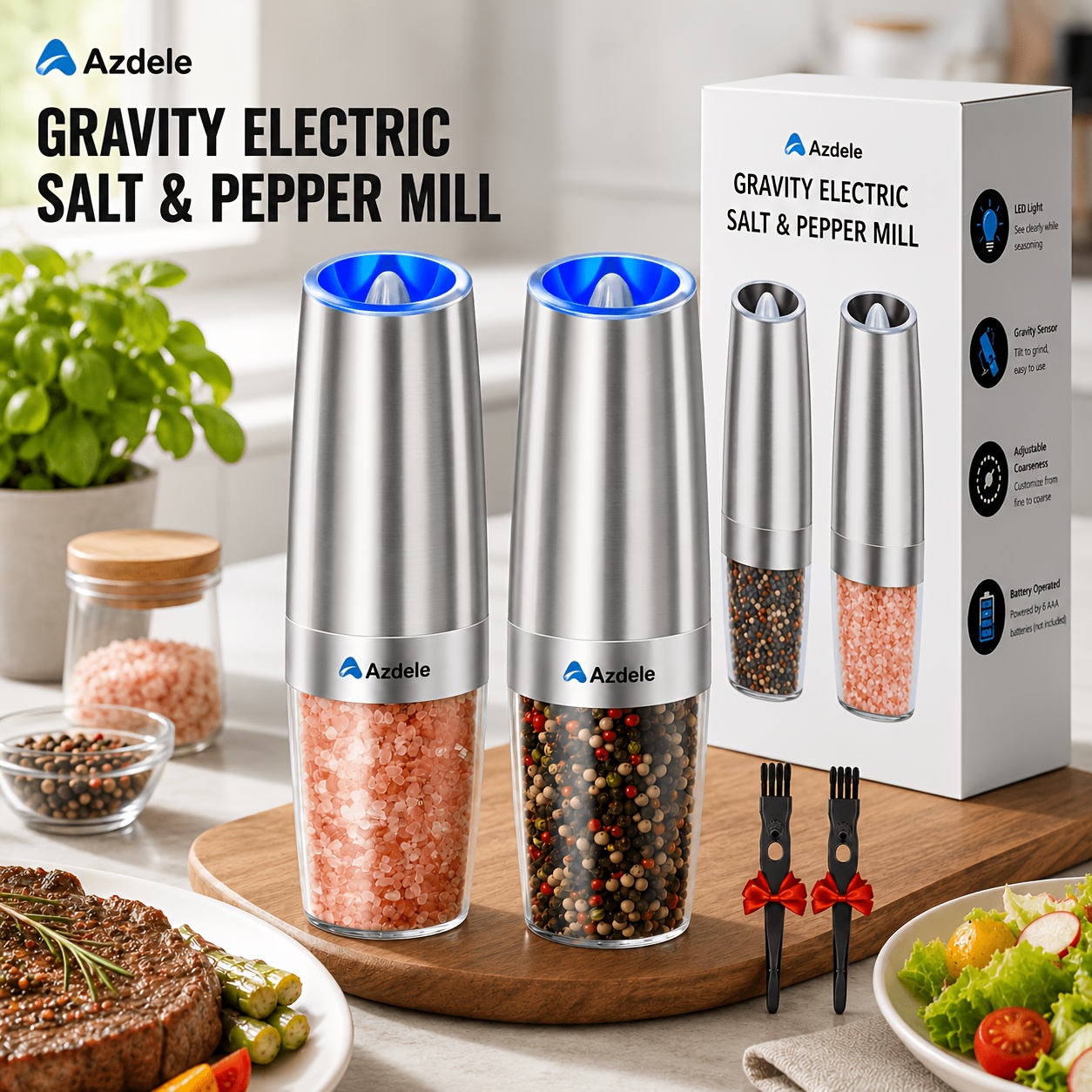 TEMU 2pcs Electric Salt And Pepper Grinders, Automatic Pepper Grinder With Automatic Grinding Belt And Led Light, Battery-powered, Adjustable