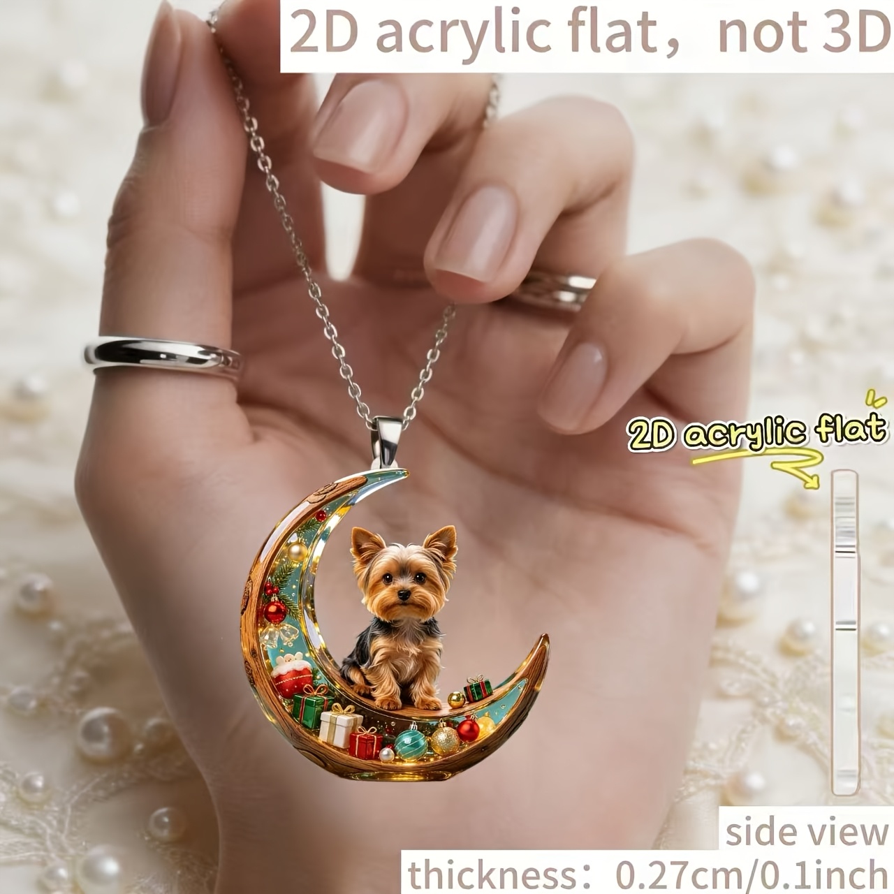 Women's Acrylic Christmas Crescent Yorkshire Terrier Necklace