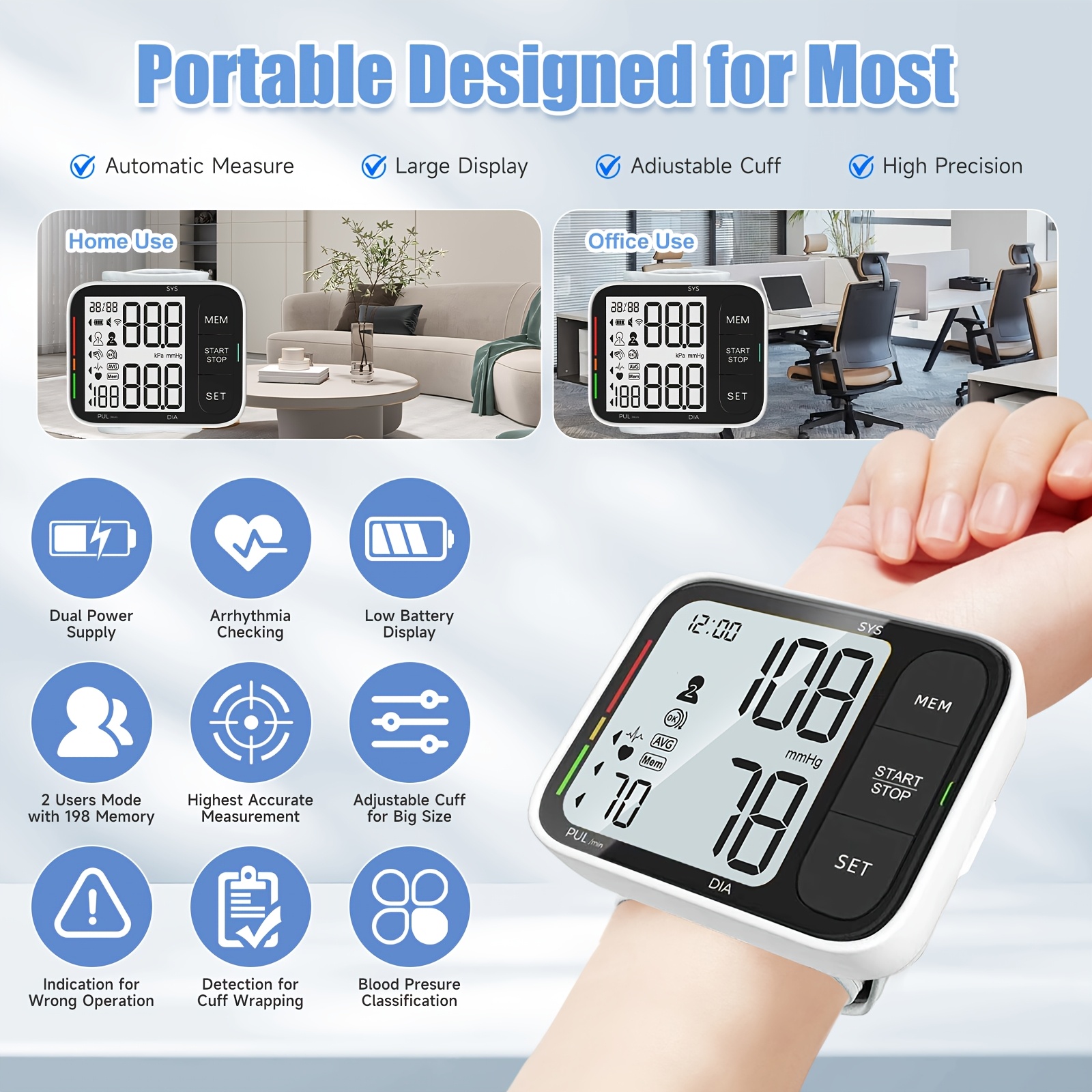 Puzxo Household Wrist Blood Pressure Monitor, 120x2 Memory, Large LCD Display, Light And Portable, Suitable for Middle-aged And Elderly People, Wrist Blood Pressure Monitor, Sphygmomanometer Wrist Strap, Battery