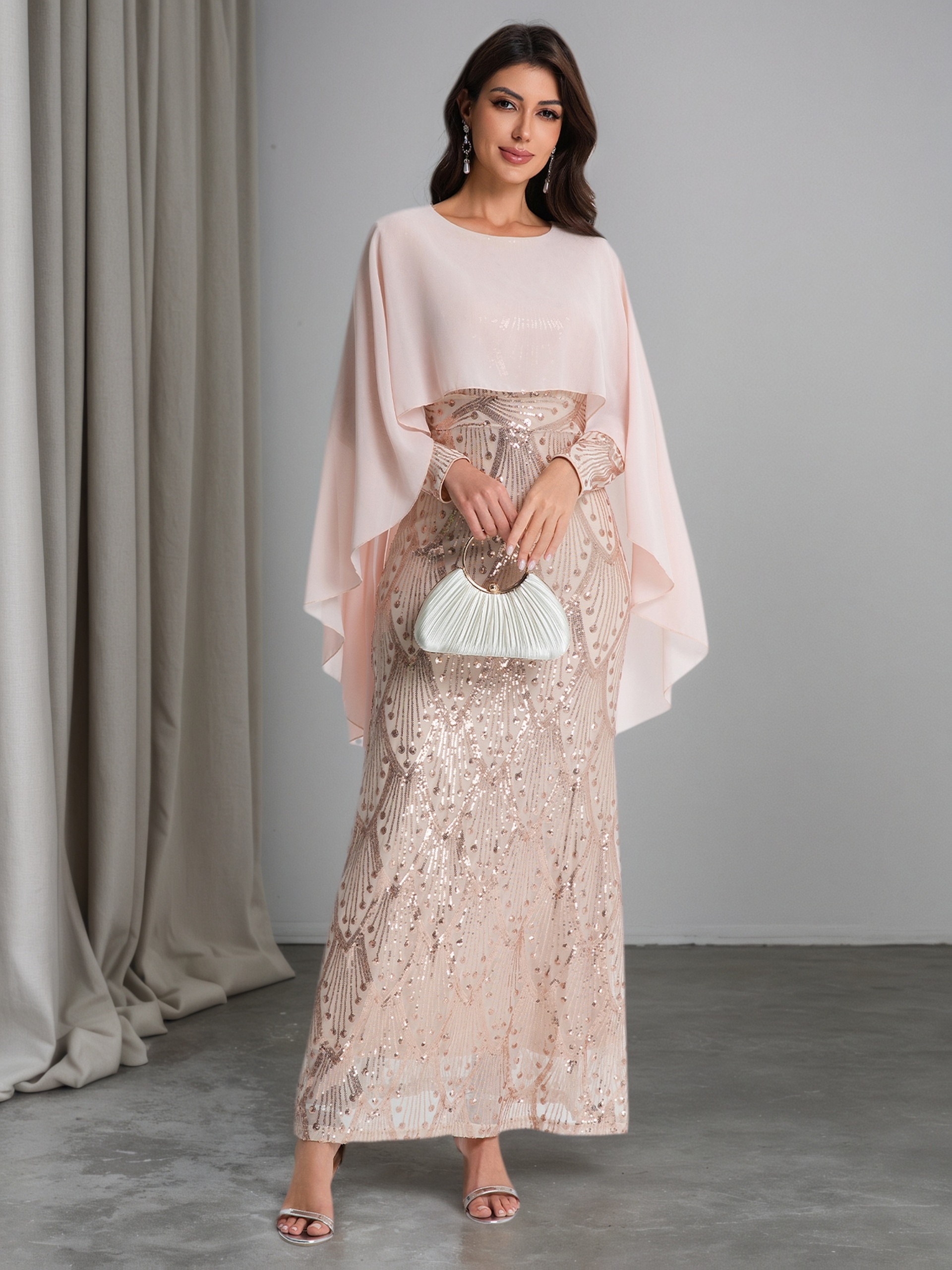 womens sequin   ruched formal evening gown fashionable casual sequin   waist cinching dress suitable for parties wedding guests and opening ceremonies the chiffon   design on the bodice is stylish