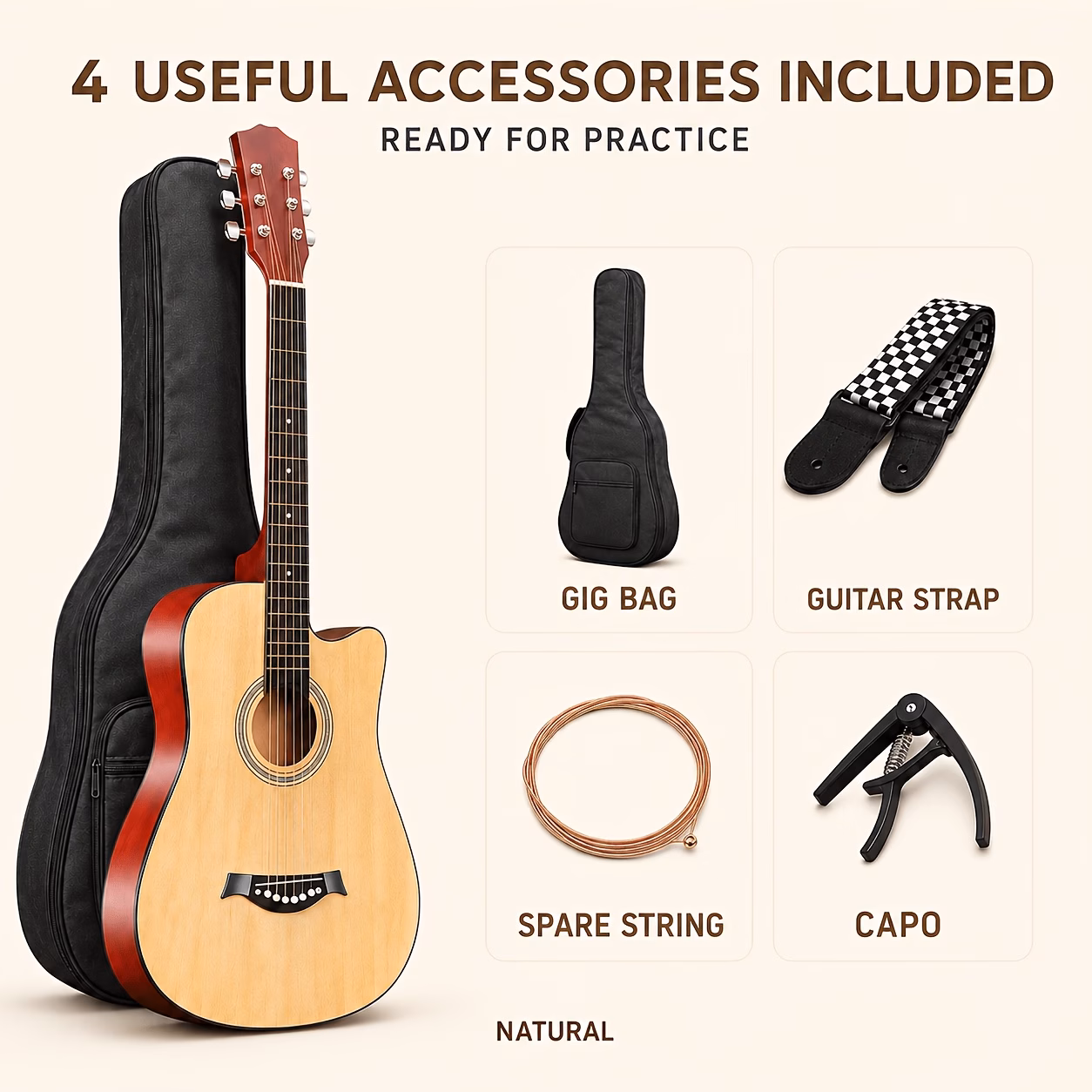 38 Inch Entry Cutaway Acoustic Guitar, User-Friendly Design for...