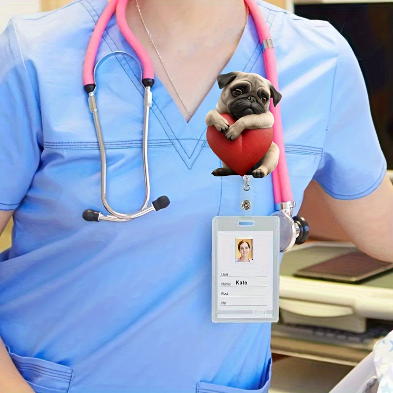 

1pc Pug In Red Heart Retractable Badge Holder - Acrylic , Clip-on Id Card Reel For Nurses, Doctors, Medical Students & Professionals