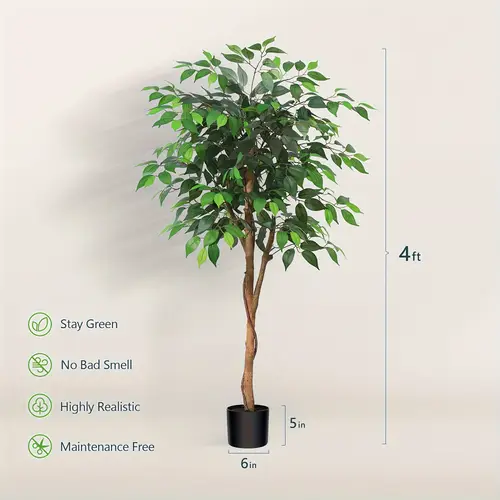 tall artificial tree greenery potted plant with natural wood trunk and lifelike leaves elegant indoor outdoor living room home decor