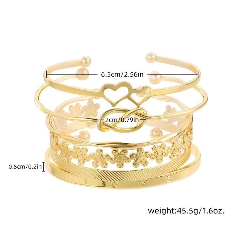 6pcs Vintage Creative Double Heart Flower Knot Bangle Bracelet Set