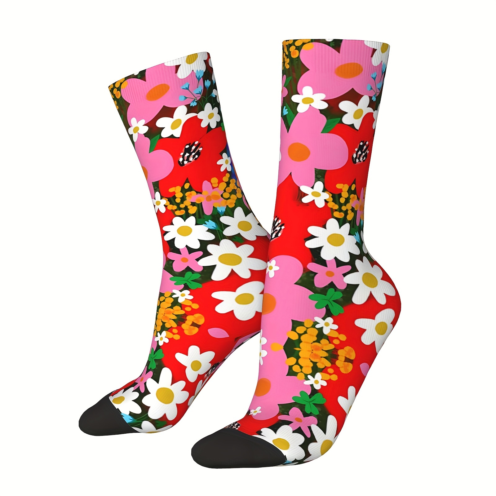 

1 Pair Of Unisex Harajuku & Vintage Style Novelty Pink Garden Pattern Crew Socks, Trendy Graffiti Men Women Socks, Crazy Funny Socks For Gifts