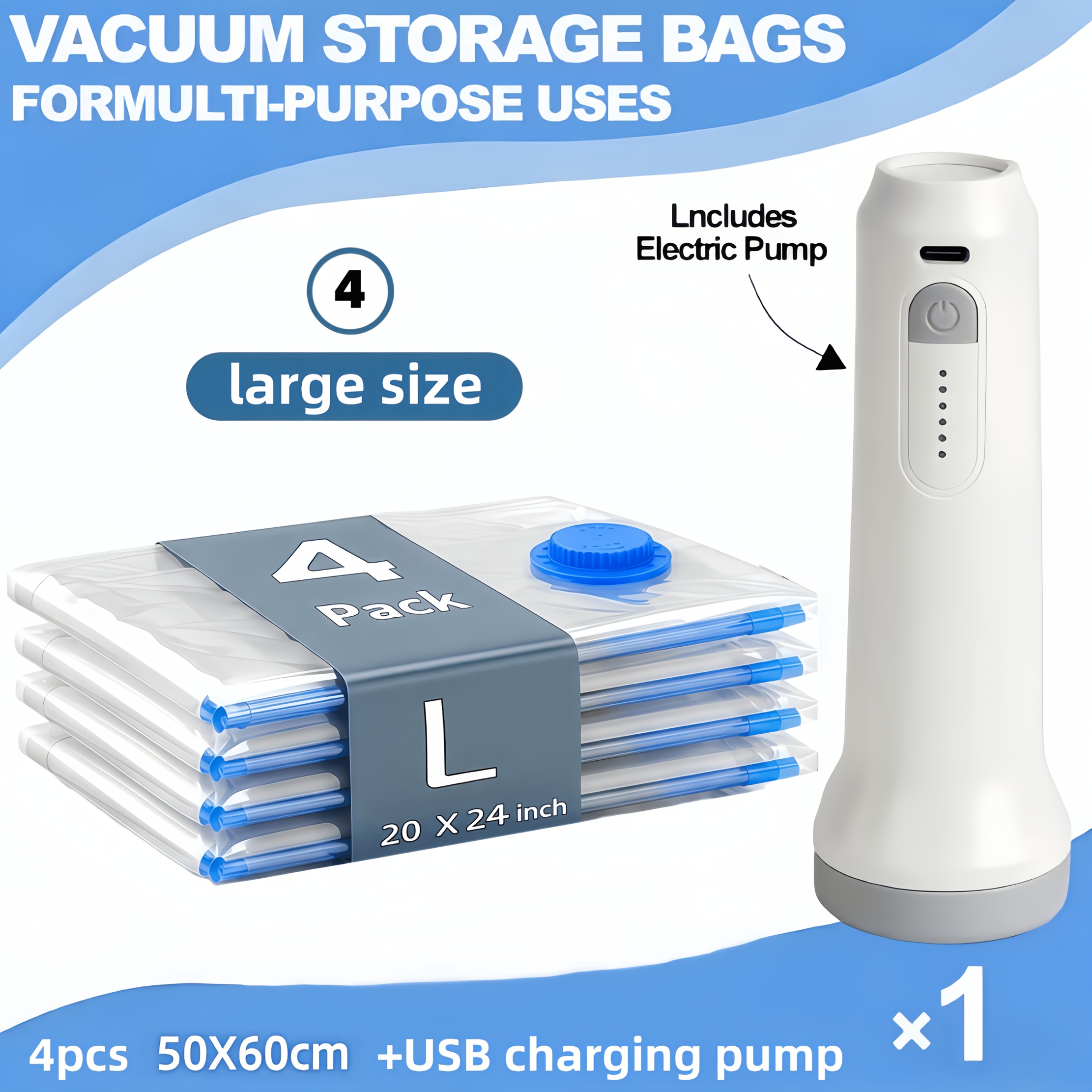 TEMU 5pcs Set - Various Sizes, Vacuum Storage Bags + Usb Electric Air Pump With Charging Cable, 1500mah Long-lasting Battery, Portable And Extremely