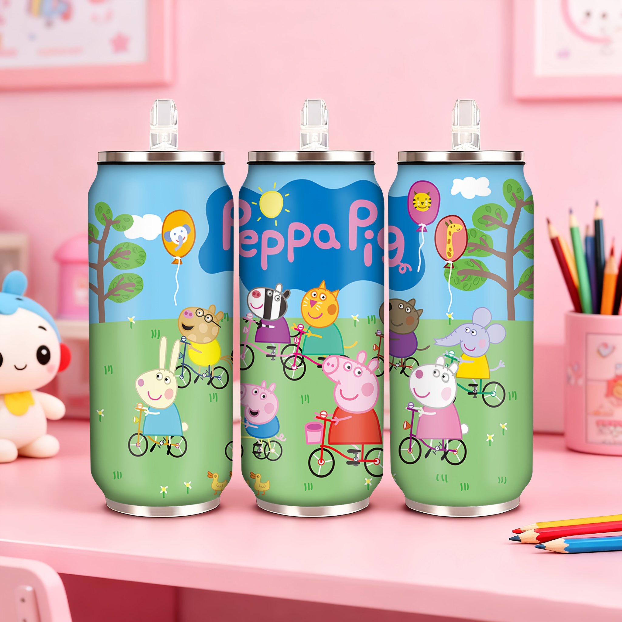 Image of 1pc 1pc Peppa Water Bottle Suitable For, Stainless Steel With Straw & Cute Peppa Pig, Insulated Travel Bottle, School Cup, Holiday Gift For, (uv Printed)