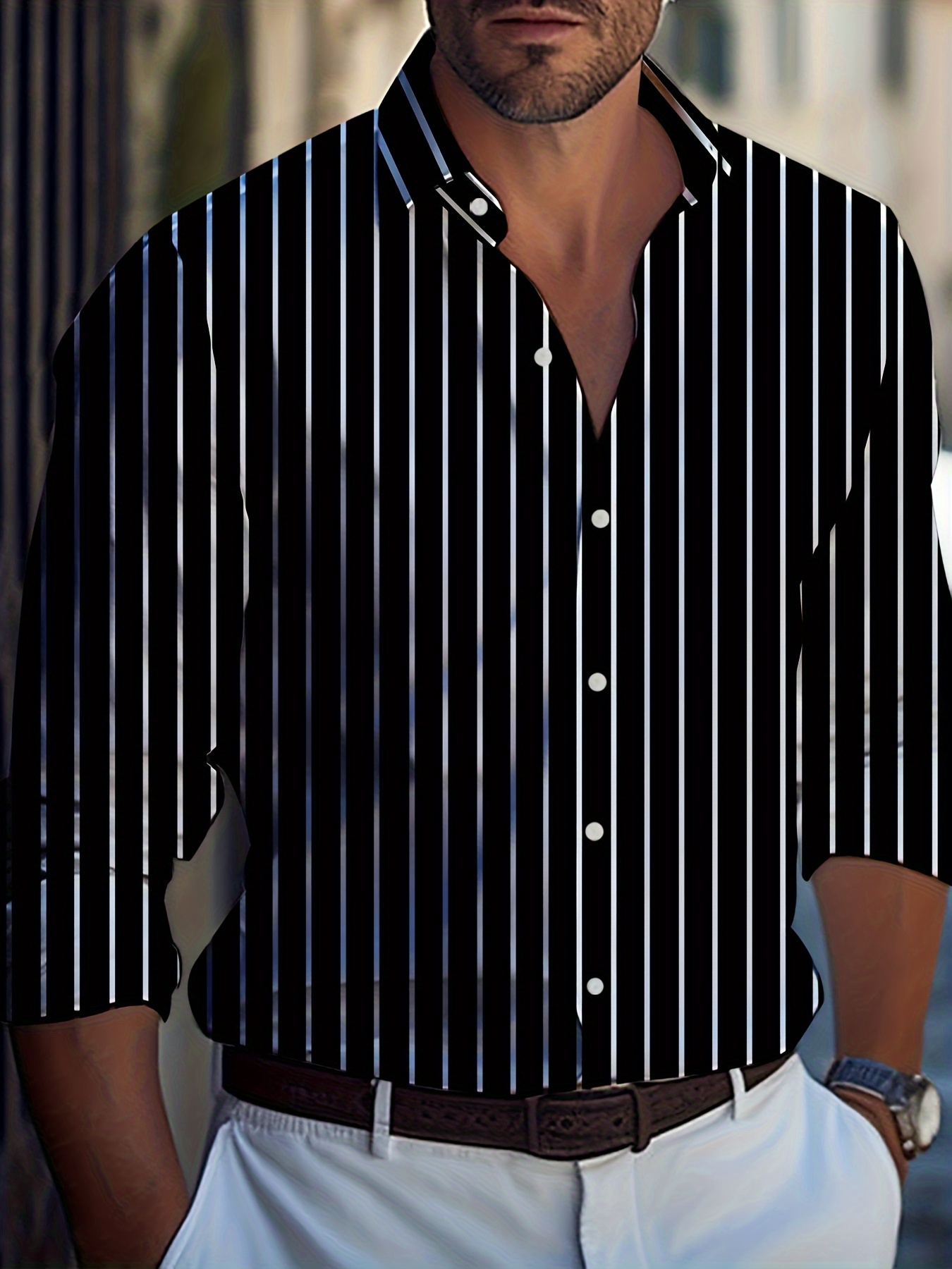 Plus Size Men's Casual Shirt With Striped Print, Long Sleeve Shirt For Various Occasions