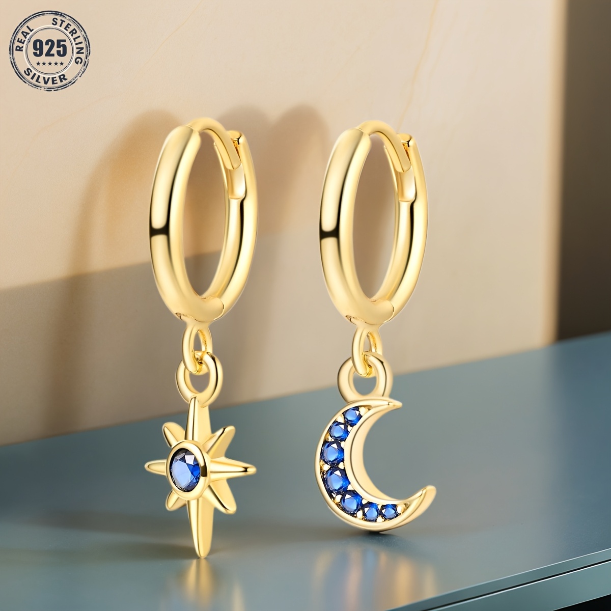 

1pair Luxury Simple 925 Sterling Silver 18k Golden Plated Hoop Earrings, Star And Moon Design With Zirconia, Allergy-proof, With Ideal For & Gift-, For Christmas