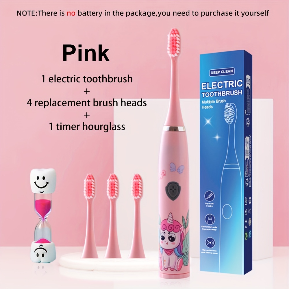 Image of Cute Cartoon Electric Toothbrush For + 4 Replacement Heads + Sandtimer Included, Fun & Gentle For Children