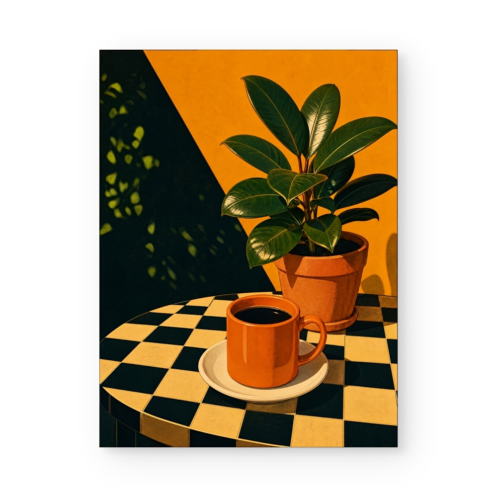 TEMU Affiches et plates 2D, Impression sur toile morte rétro, Art mural de table à de plantes et de tasse à café, Affiche de ton orange chaud, Décor
