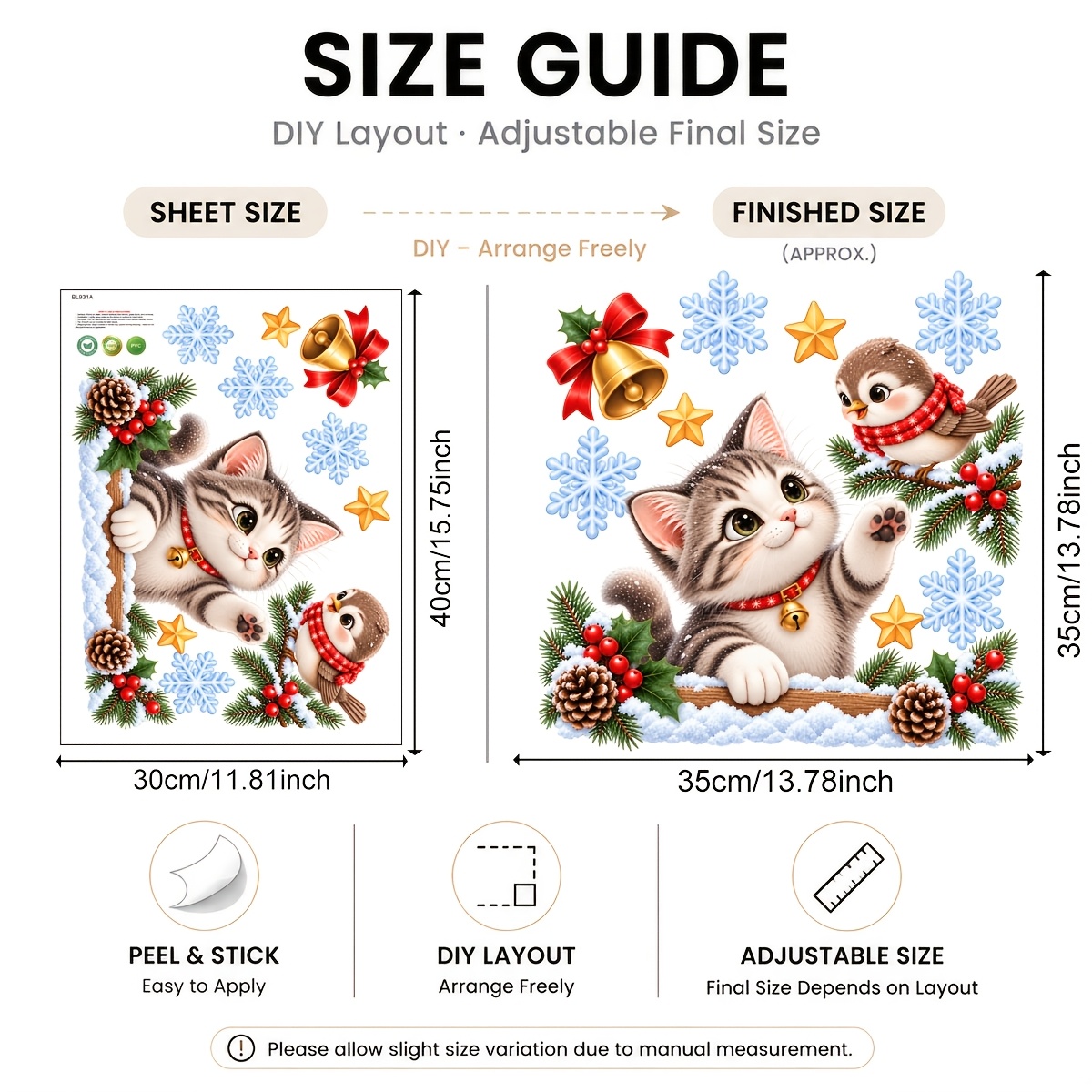 TEMU 1pc 30x40cm Christmas Static Window Cling, Cute Cat And Bird With Snowflake Bell Glass Decal, Removable Reusable Window Sticker For Home Holiday