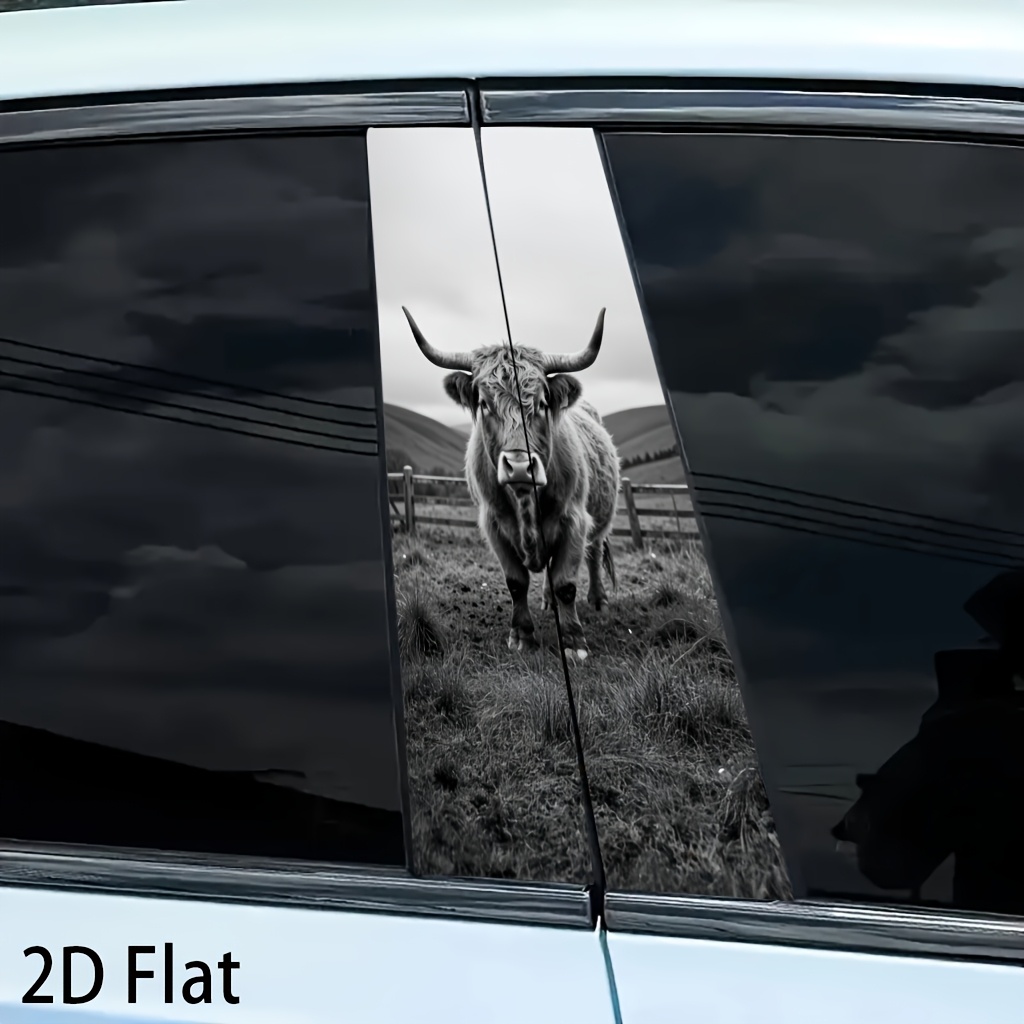 TEMU 2d Flat 2pcs Car Center Pillar Stickers Black And White Rustic Cattle Portrait Creativity B-pillar Protective Film Car Stickers, Suitable For