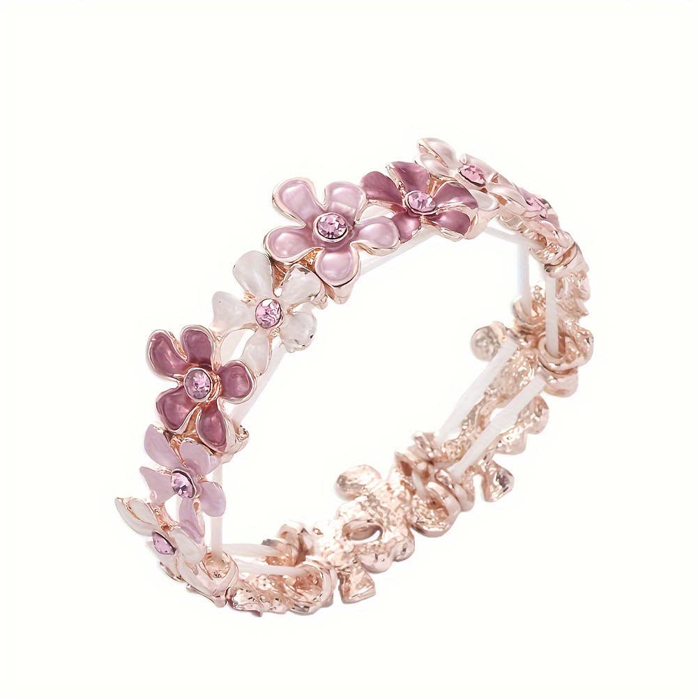 Image of Elegant Bohemian Hand-painted Floral Alloy Women's Elastic Bracelet – Featuring A Pink And White Enamel , Made Of Alloy, Perfect For Casual Outfits Or As A Gift, Ideal For Spring And Summer Jewelry