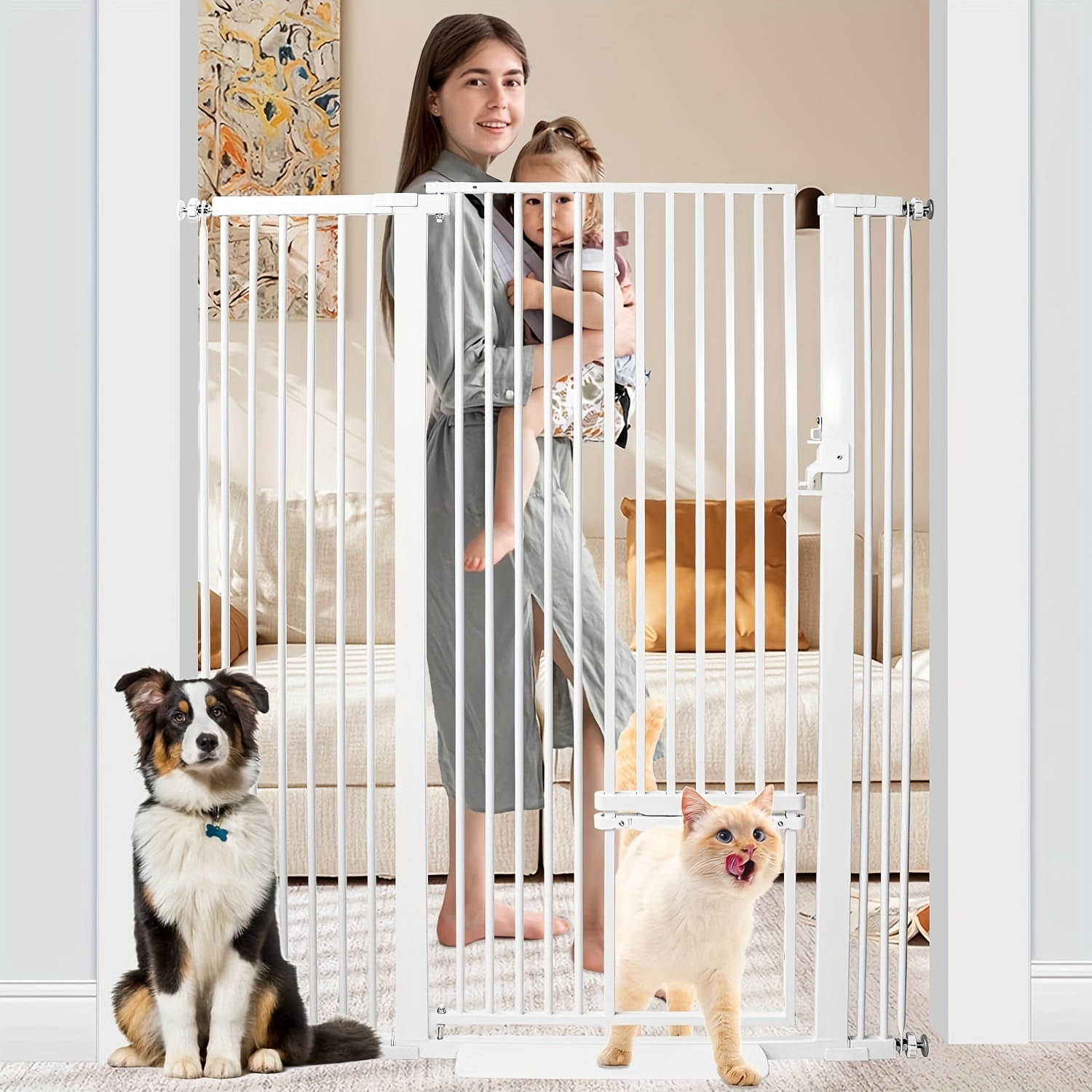 55 Inch Extra Tall Pet Gate Baby Gate with Small Cat Door Adjustable 40.55 and 46.06 Dog Gate Pet Gate Thru Pet Door for Stairs Doorway House