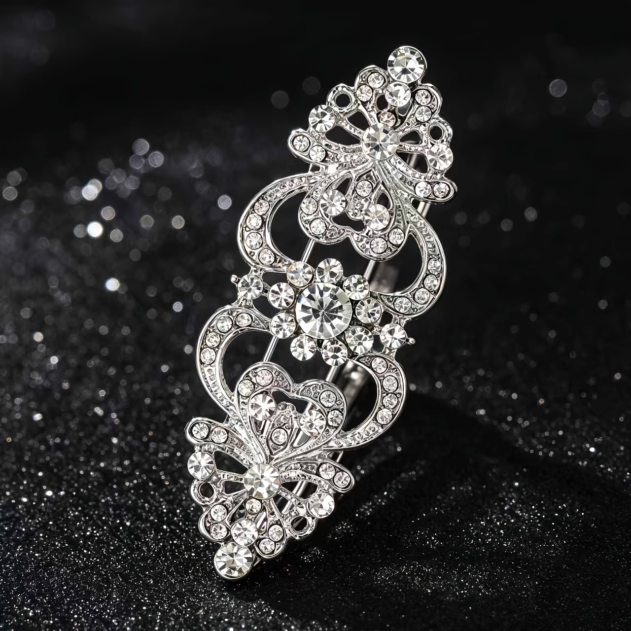 TEMU 1pc Silvery Exquisite Hollow-out Floral Brooch, -encrusted Vintage Pin, Elegant Suit Lapel Pin, Clothing Decoration Accessory