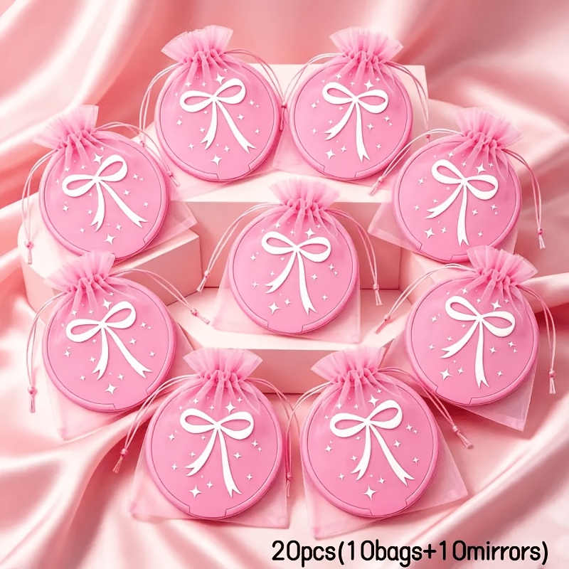 TEMU 20pcs/set, Includes 10mirrors And 10bags, Korean Style Bow And Stars Pocket Mirror With Bags - Compact Round Folding Makeup Mirrors Suitable For