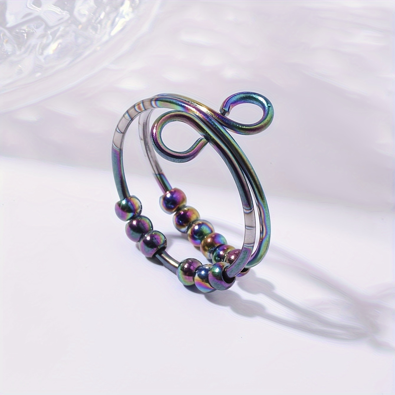 Stainless Steel Anxiety Ring with Spinning Beads - Adjustable Jewelry