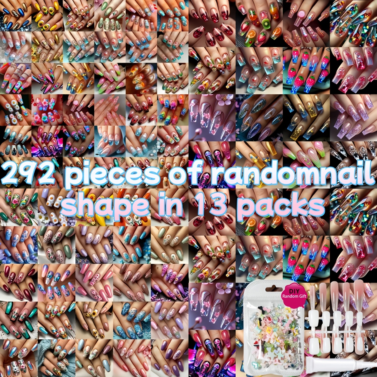 292pcs random 13pcs set of nail art pieces nail art random almond square ballet shaped   nails removable   nails for women     premium texture wear resistant   multiple colors with random patterns