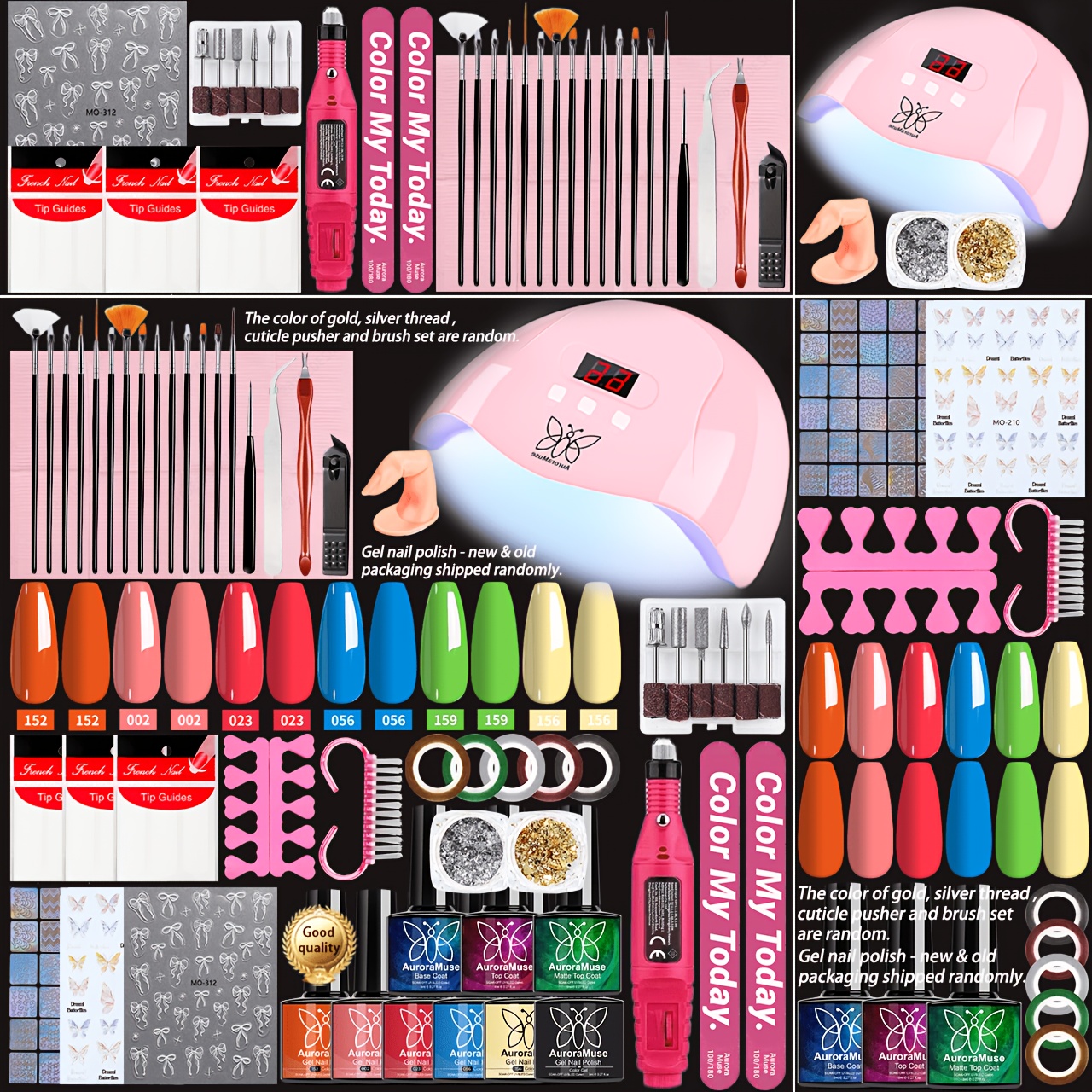 conjunto completo de nail art para iniciantes com 48 peças - kit de verniz gel de 6 cores com lâmpada led usb e broca elétrica,   e  , as cores de alguns utensílios são aleatórias, empurradores de cutículas,   de unhas e conjunto de ferramentas de manicure para  