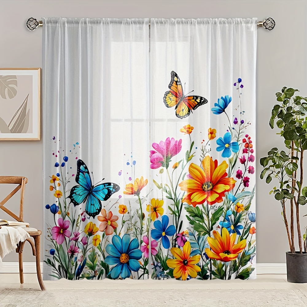 

2pcs Colorful Butterfly Pattern Semi-sheer Curtains, Decorative Window Drapes, Window Treatments For Bedroom Living Room, Home Decoration, Room Decoration