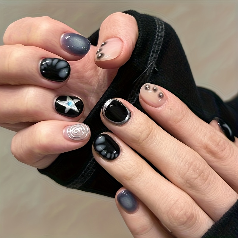 TEMU 24pcs Short Square Shape Press On Nails Nude Nails Black Nails Silvery Stars Spiral Crocodile Pattern & 3d Three-dimensional Decoration Steel
