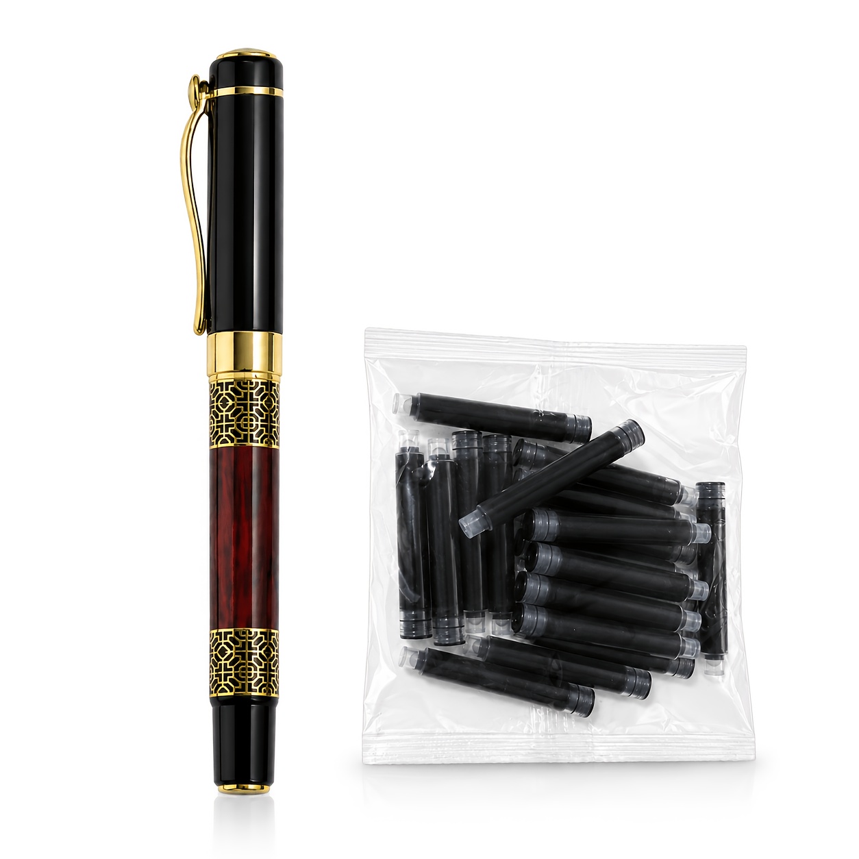 TEMU Vintage Business Fountain Pen Set With 20 Ink Cartridges, Suitable For Writing, Comfortable Grip, Back-to-school Supplies, 2 Colors Available