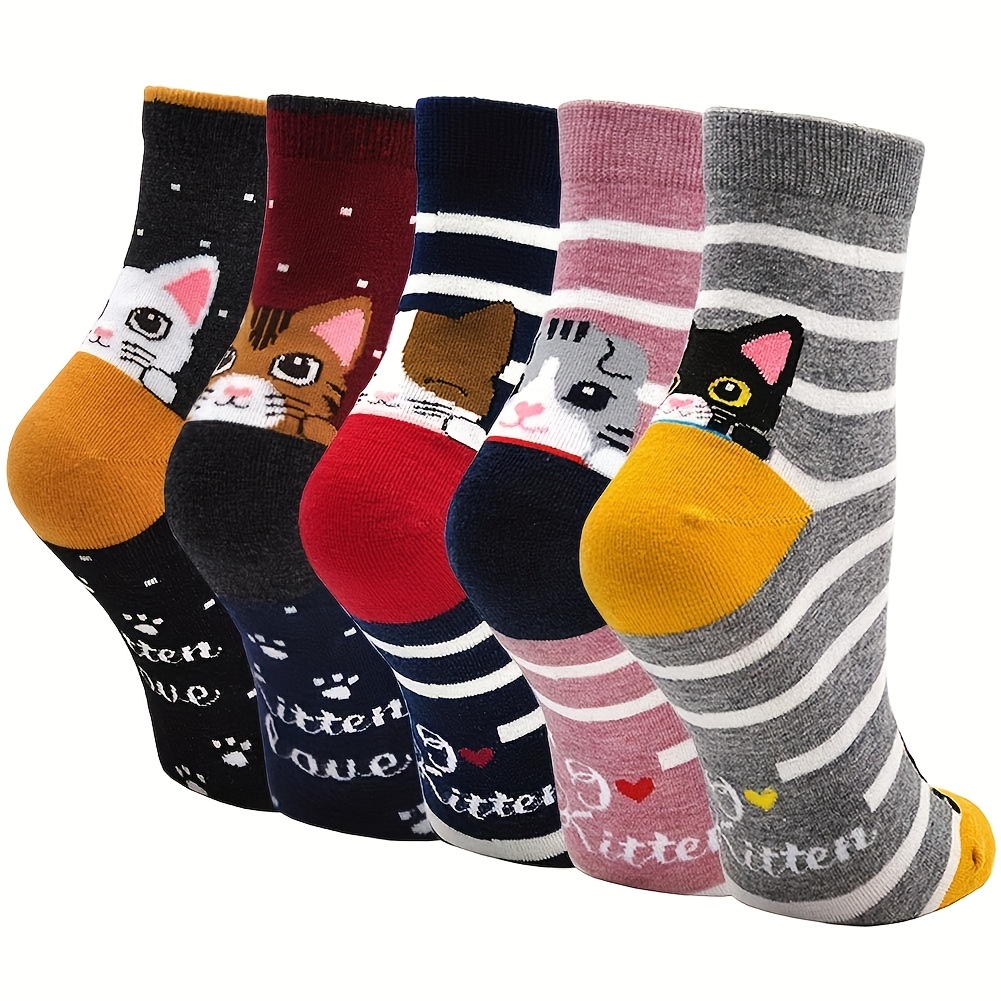 

5 Pairs Of Women's Cute Cat Print Socks, Cozy Warm Polyester And Spandex , Machine Washable And , Short Ankle Socks For Casual Attire, For Her,