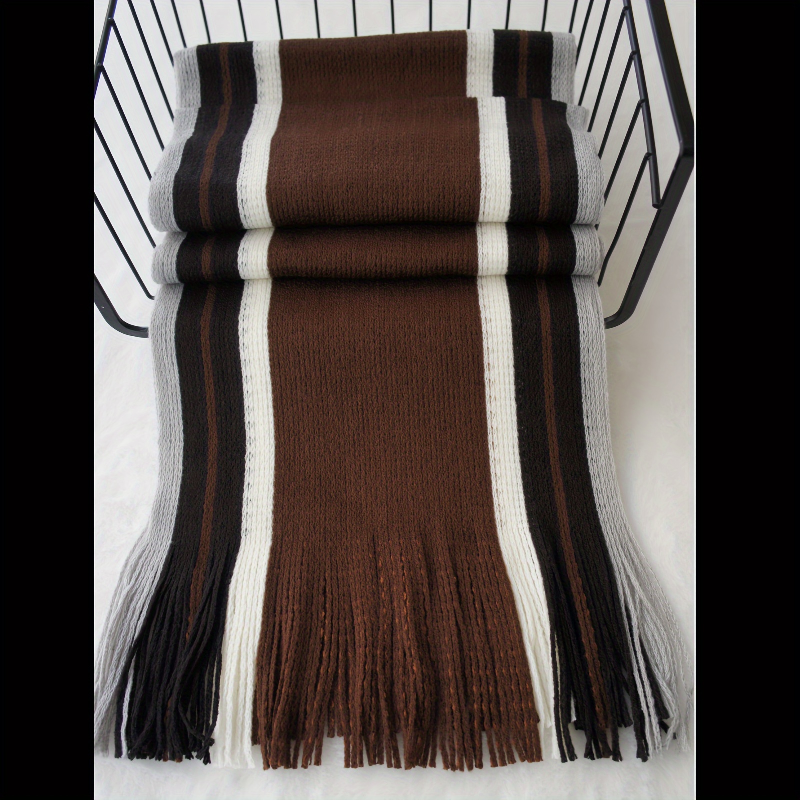 1pc Men'S Casual Style Striped Color Block Warm Acrylic Scarf with Tassel Detail - Knitted Fashion Accessory for Outdoor Trend details 14