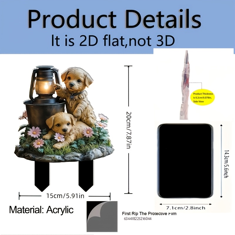 TEMU 2d Flat, [2d Flat] 2d Flat, 1pc Cute Puppy And Lantern Pattern Garden Decoration Stake, Made Of Plastic, Rustic/country-style Outdoor Decor,