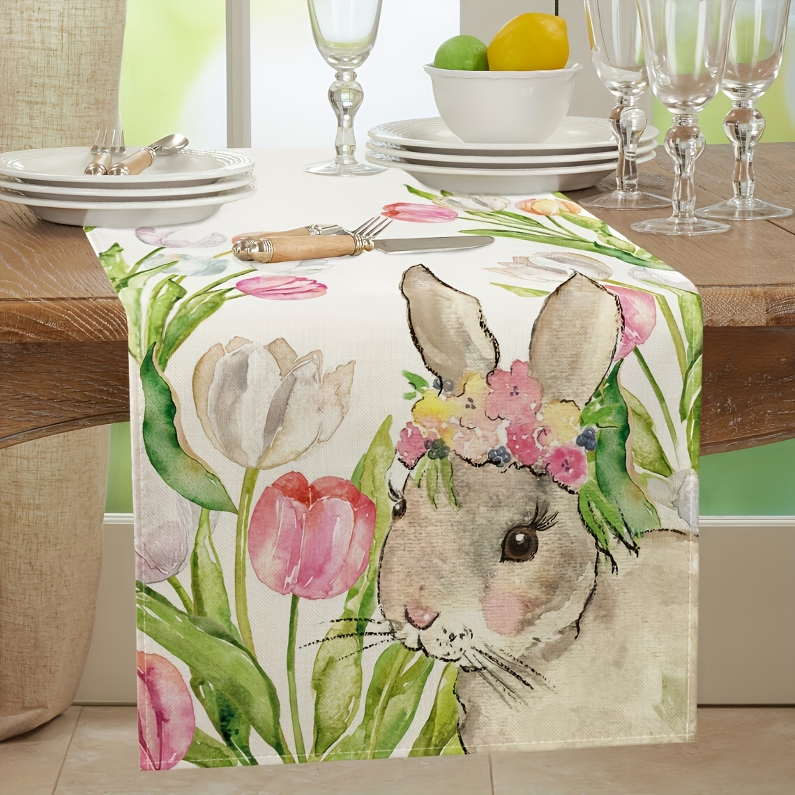 

Easter Bunny Print Polyester Table Runner - Seasonal Kitchen Table Mat For Holiday Party Decor, General Fit, Machine Made Weave, 1pc